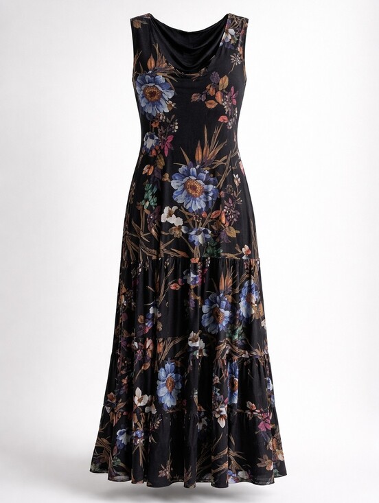 connected apparel Dresses & Skirts - connected apparel Black Floral Sleeveless Maxi Dress with Blue and Teal Accents